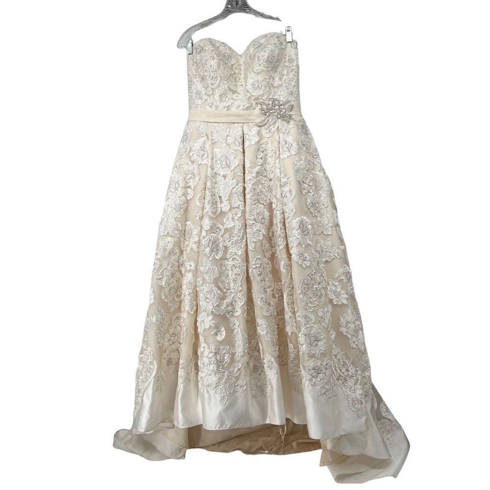 Oleg Cassini Laser Cut Appliqué Pearl Detail‎ Organza Strapless Dress